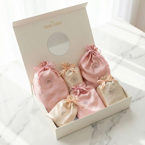 Otwarty Easy Days Box Troska na marmurowym blacie. Luksusowy zestaw startowy na pierwszą miesiączkę zawierający bezpieczne podpaski Bella ukryte w satynowych woreczkach.