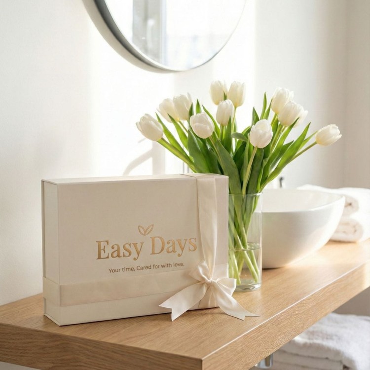 Easy Days Box Troska na półce w jasnej łazience. Dyskretny i niezbędny element codziennej higieny intymnej dorastającej dziewczyny.