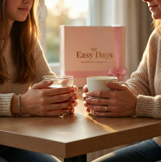 Dłonie obejmujące parujące kubki herbaty w ciepłym świetle. W tle różowy box Easy Days i karteczka 'Dla Ciebie'. Symbol troskliwej rozmowy i wsparcia.