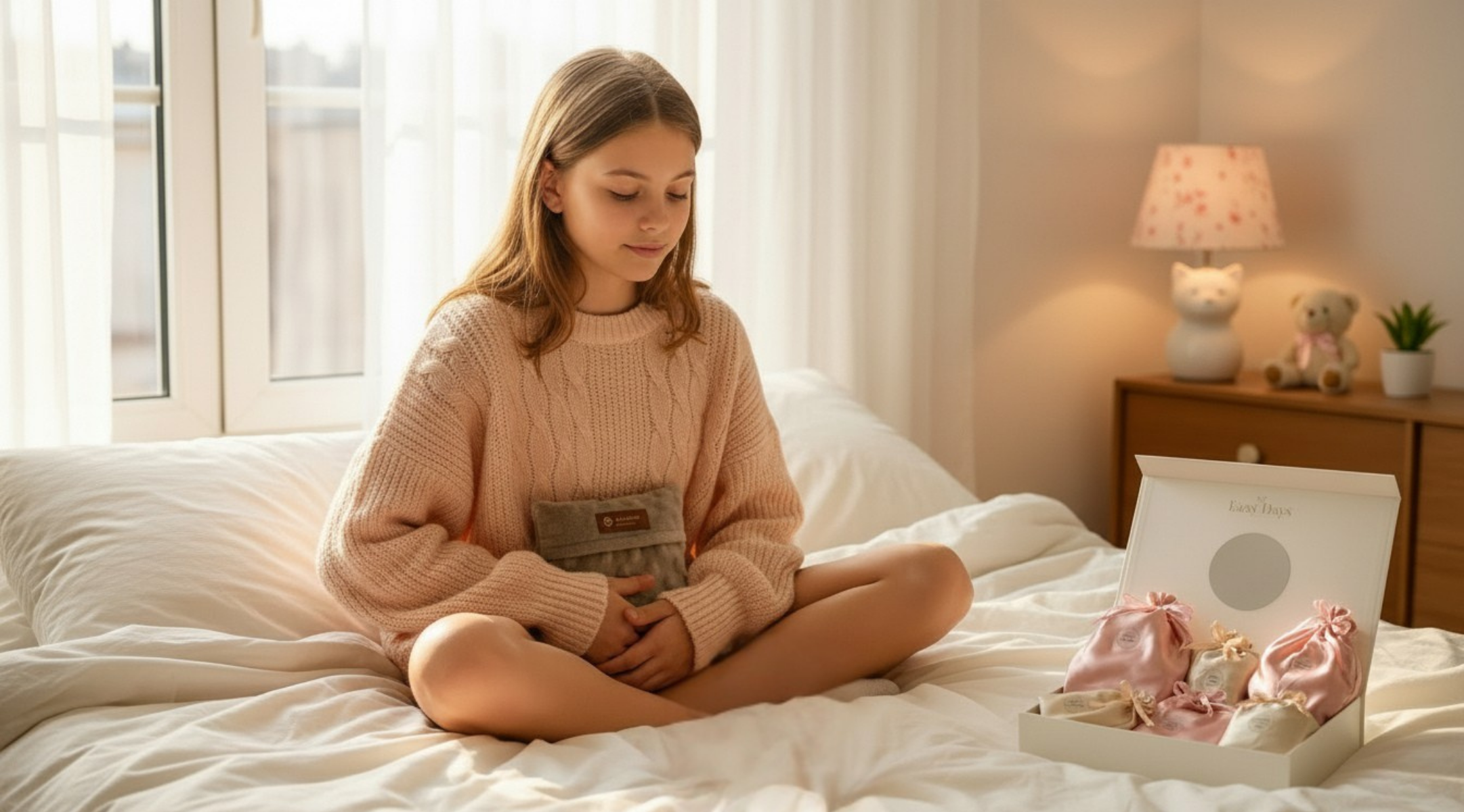 Relaksująca się nastolatka z termoforem i herbatą na łóżku obok otwartego pudełka Easy Days Box – wizualizacja domowych sposobów na ból brzucha.